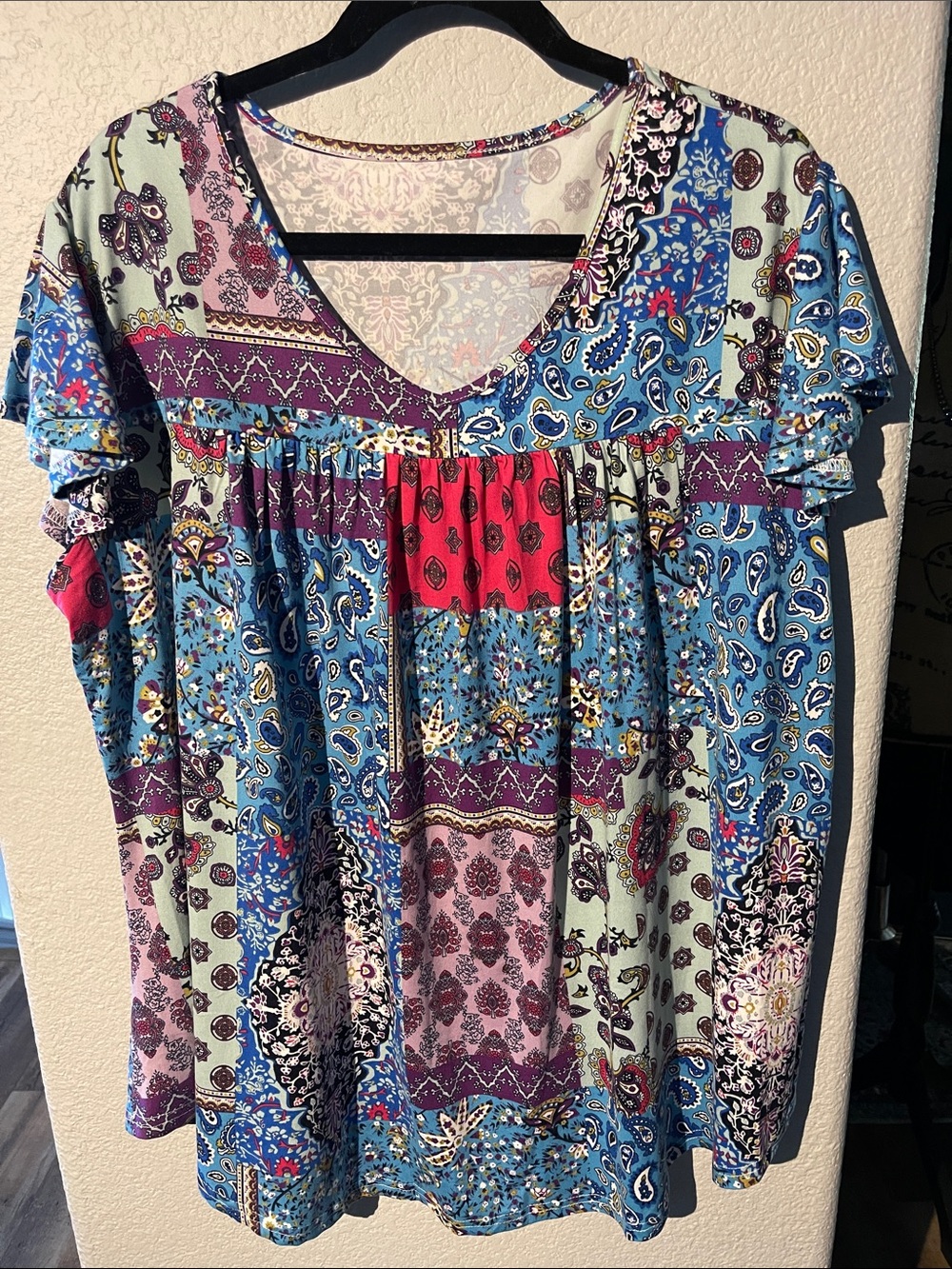 Women’s Patchwork Paisley V-Neck Top - Blue Multi 3X NEW